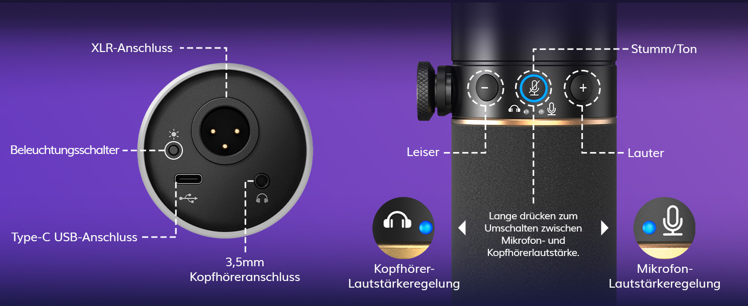 Мікрофон TONOR TD510+ для стримінгу, студії та запису. XLR/USB, динамічний, з регульованою ніжкою та RGB підсвічуванням. Чорний колір