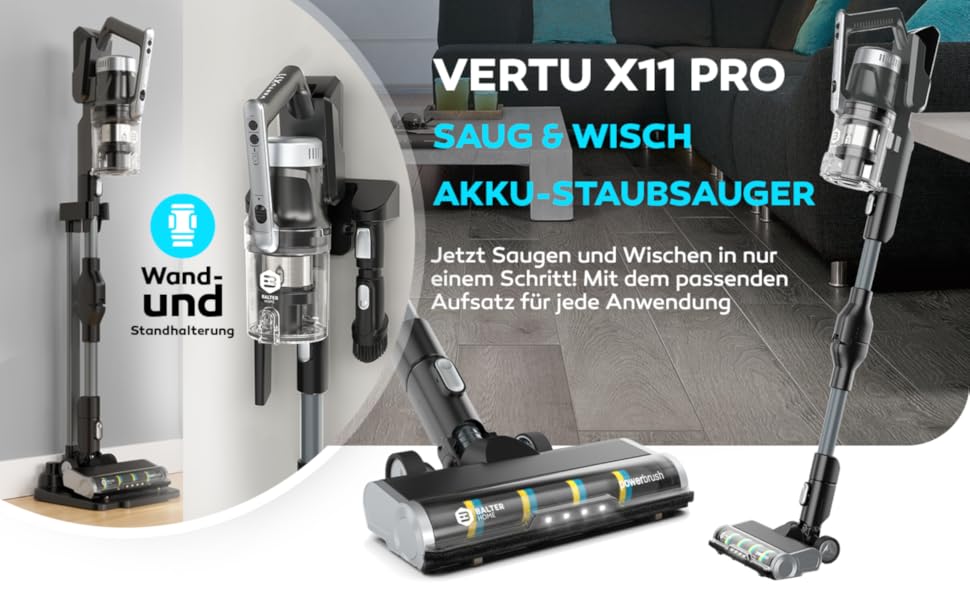 Бальтер Верту X11 PRO: Бездротовий пилосос з функцією миття підлоги, акумуляторний, 350W, до 50 хв роботи, без мішка, гнучкий з'єднувальний елемент, LED-насадка, для видалення шерсті тварин