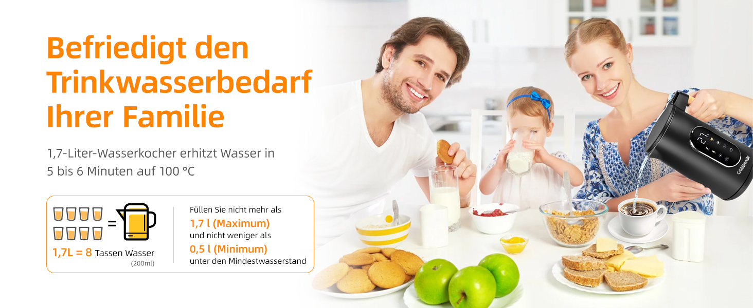 Електричний чайник Carehabi з регулюванням температури, 1.7 л, нержавіюча сталь, чорний, 40°C-100°C, 2200W, LED дисплей, подвійні стінки, функція підтримки тепла