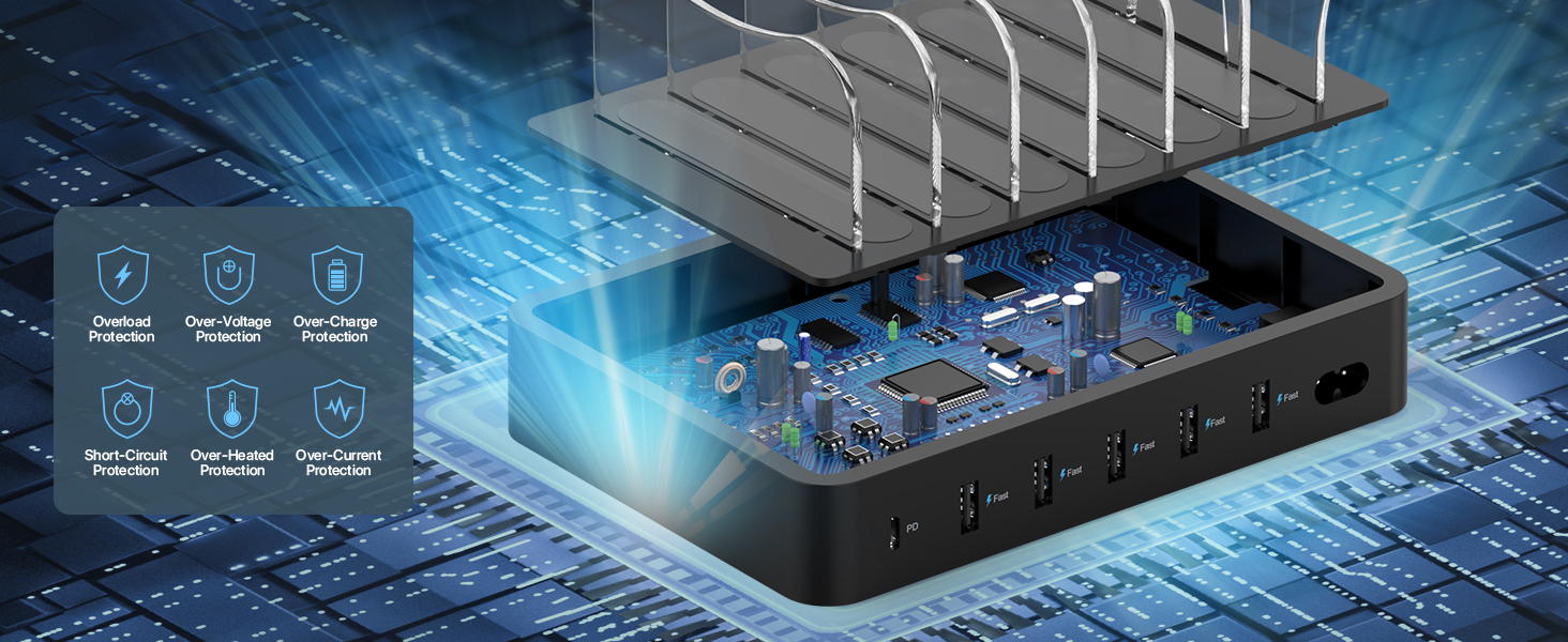 Зарядний хаб SooPii USB 60W/12A з 6 портами, органайзер для декількох пристроїв, з тримачем для Apple Watch, 6 кабелів у комплекті (Чорний)