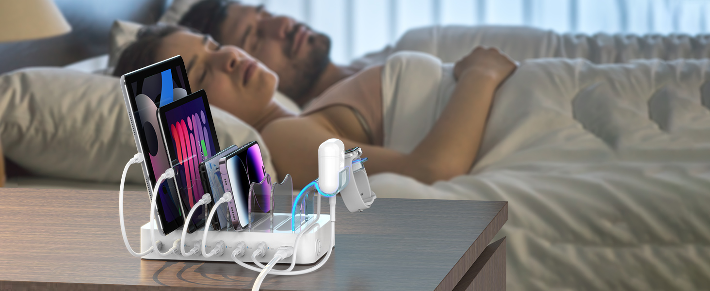 Зарядна станція SooPii USB 60W/12A, 6 портів з PD 20W для iPhone/Samsung, тримач для Apple Watch, 6 кабелів у комплекті - біла