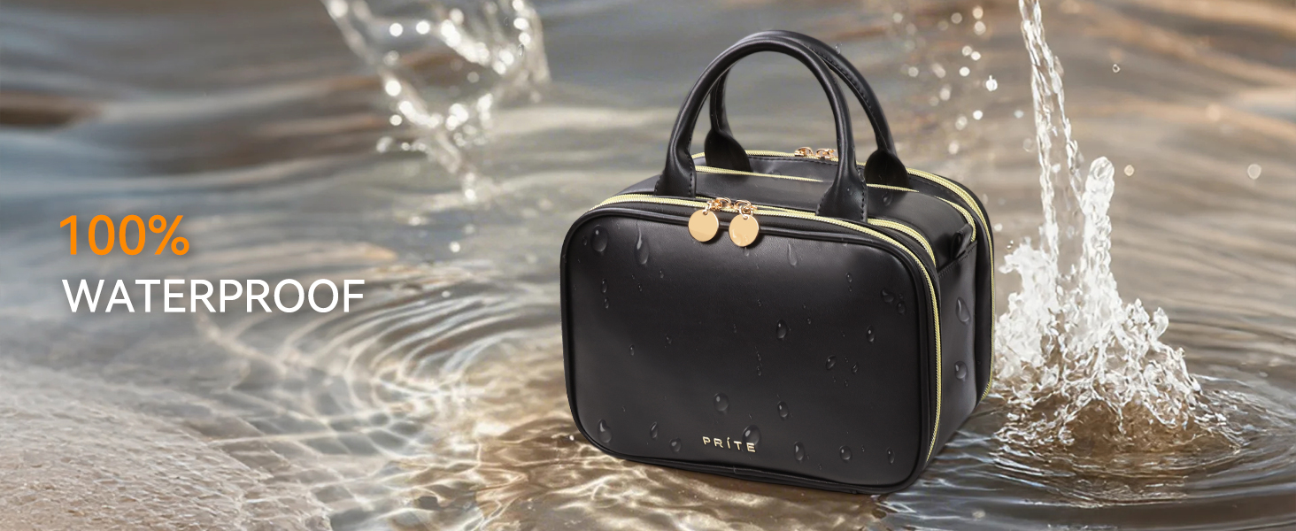 Косметичка для макіяжу Prite з великою місткістю, водонепроникна, з ручкою та кількома відділеннями, бежево-коричнева