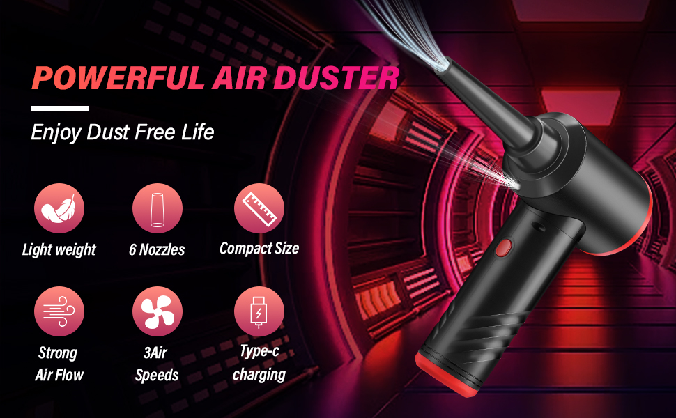 Електричний пилосос для повітряного продування BUDOCI, 3 швидкості, 100000 об/хв, 6000 mAh, з LED-підсвічуванням, для чищення ПК, клавіатури, диванів, офісної техніки, авто (чорно-червоний)