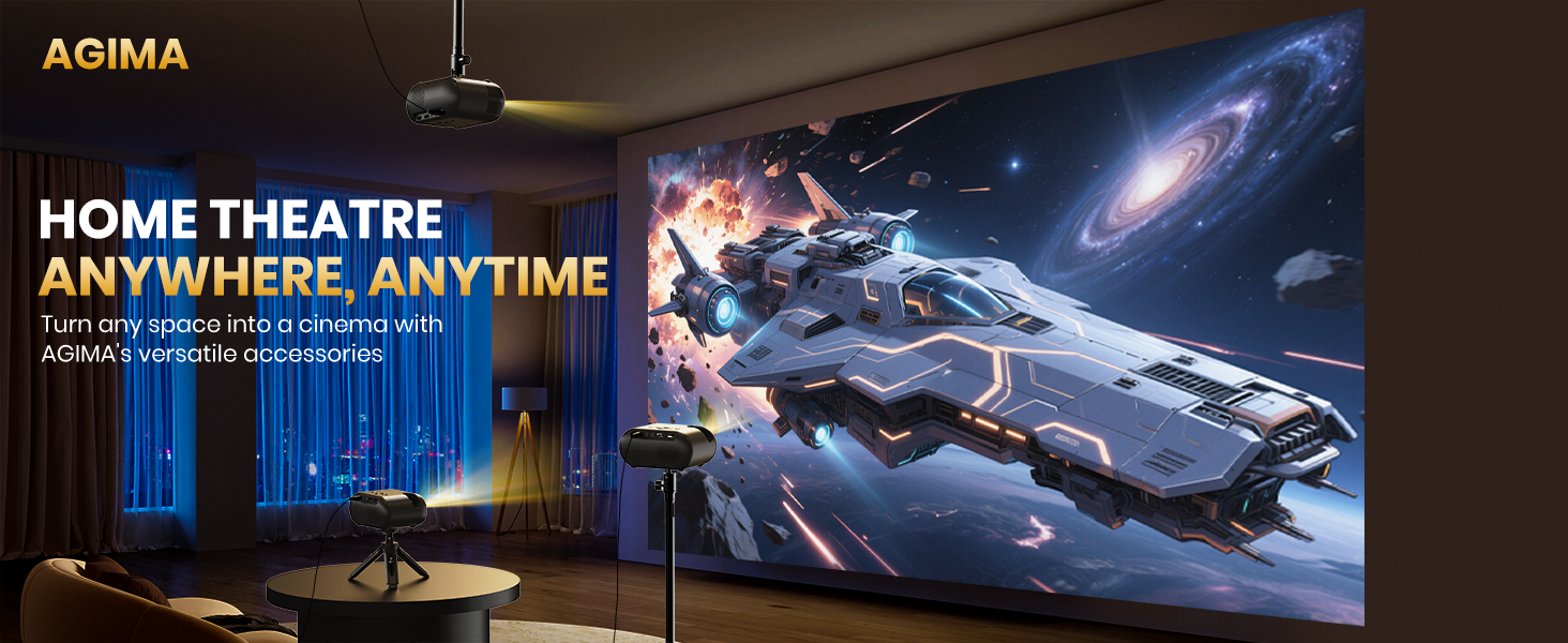 Портативний проєктор Mini Beamer 1080p з Wi-Fi, Bluetooth та штативом. Підтримка HDMI, USB, смартфонів, TV-Stick. Ідеально для домашнього кінотеатру та спальні. Чорний колір.