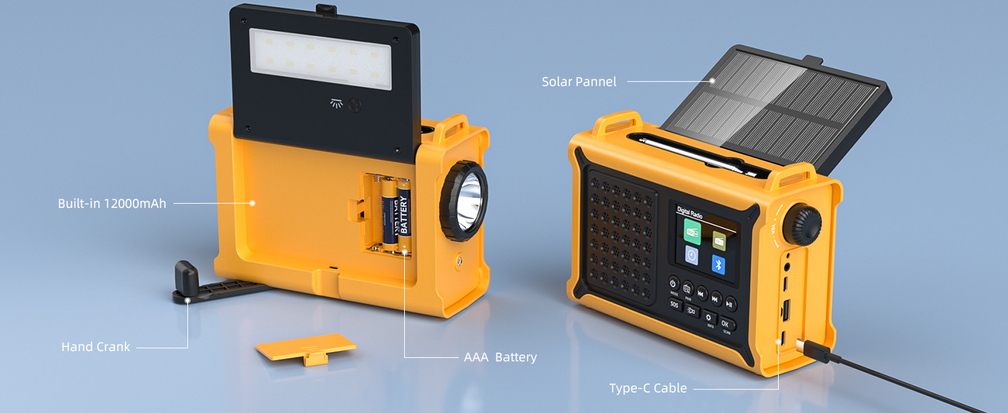 Сонячне радіо Solar Radio з ручкою, 12000mAh, DAB/DAB+/UKW, радіо для надзвичайних ситуацій з сонячною панеллю 8500мм² та ручкою 650mA, радіо з динамо, Bluetooth, ліхтарик та зарядний пристрій USB, для кемпінгу, надзвичайних ситуацій (жовте)