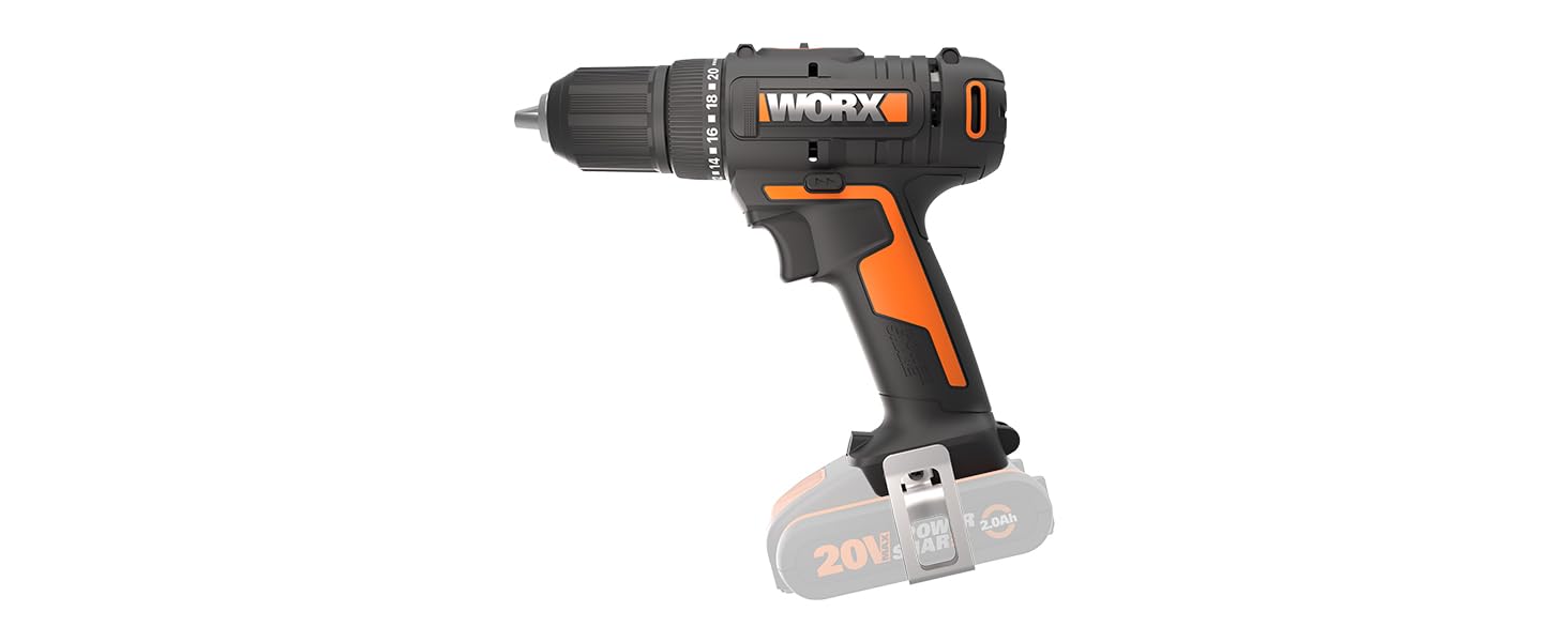 WORX WX108 акумуляторний дриль-шуруповерт 20V – універсальний інструмент для свердління та закручування – 2-ступінчастий діапазон швидкості та 20+1 налаштування крутного моменту до 45Nm – з патроном 13 мм, 40Nm, без акумулятора та зарядного пристрою