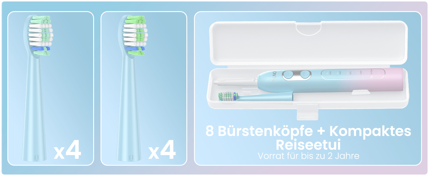 Електрична зубна щітка YUNCHI C2 з 40000 VPM, звукова, для дорослих та дітей, USB-C зарядка, 30 днів роботи, 5 режимів, 8 насадок, рожева/блакитна