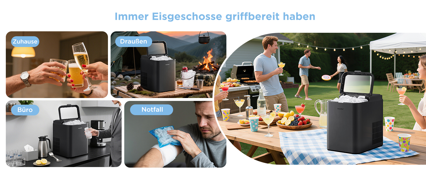 Машина для приготування льоду COMFEE' RCI12BL1EU(E) – чорна, 8 кубиків за 6 хвилин, 12 кг/24 год, 1.3л резервуар, самоочищення, компактний дизайн, з лопаткою та кошиком для дому