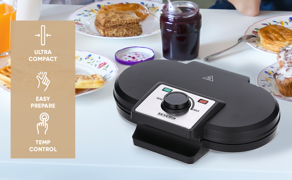 Severin WA 2106 Heart-Shaped Waffle Maker - Anti-Stick Coating, Slim Design, 1200W - Black