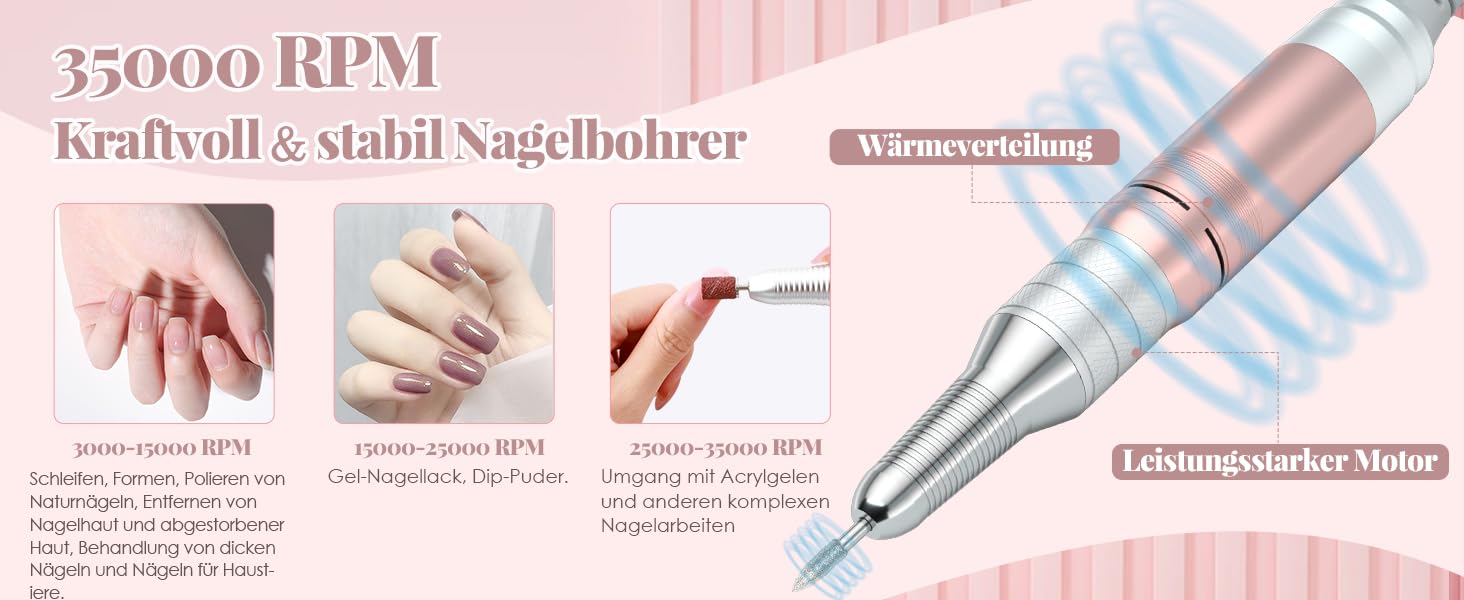 Електричний фрезер для нігтів Delanie 35000 об/хв: набір для манікюру з насадками, регулювання швидкості та напрямку, рожеве золото