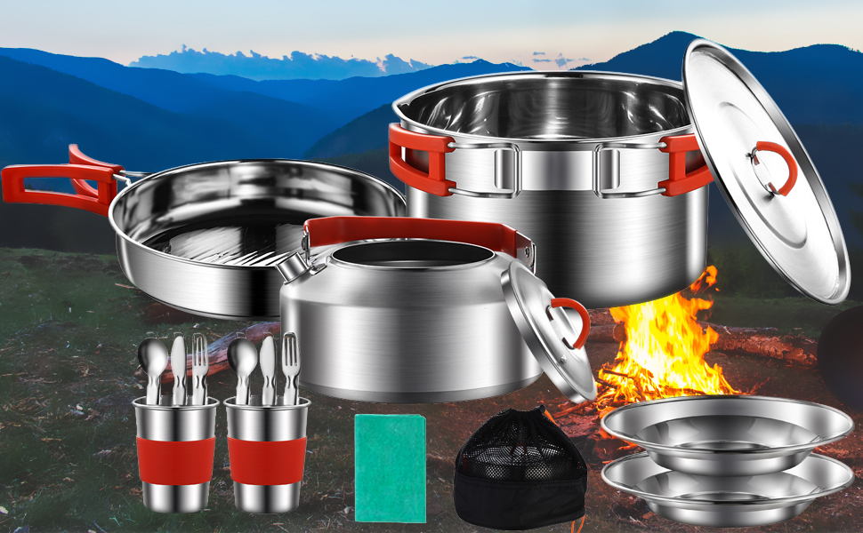 Набір посуду для кемпінгу з нержавіючої сталі 304, посуд для кемпінгу, каструля та сковорода з чайником, тарілками, виделкою, ножем, ложкою для 2-3 особи