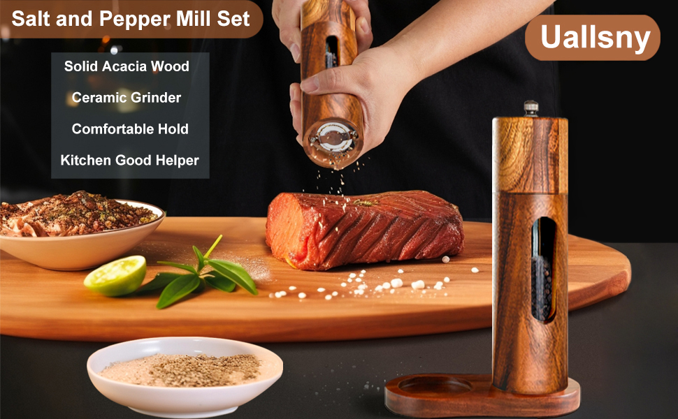 Механічна водяна млин для перцю та солі, набір 2 шт. з регулюванням помелу, керамічний жорно, з підставкою, 21.5 см
