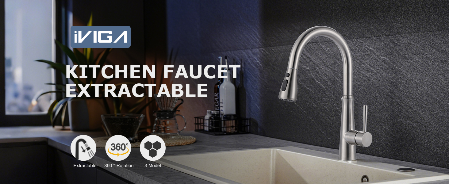 Змішувач кухонний iVIGA висувний з дозатором, водоспад, 360° поворот, 3 режими, щітене нікель