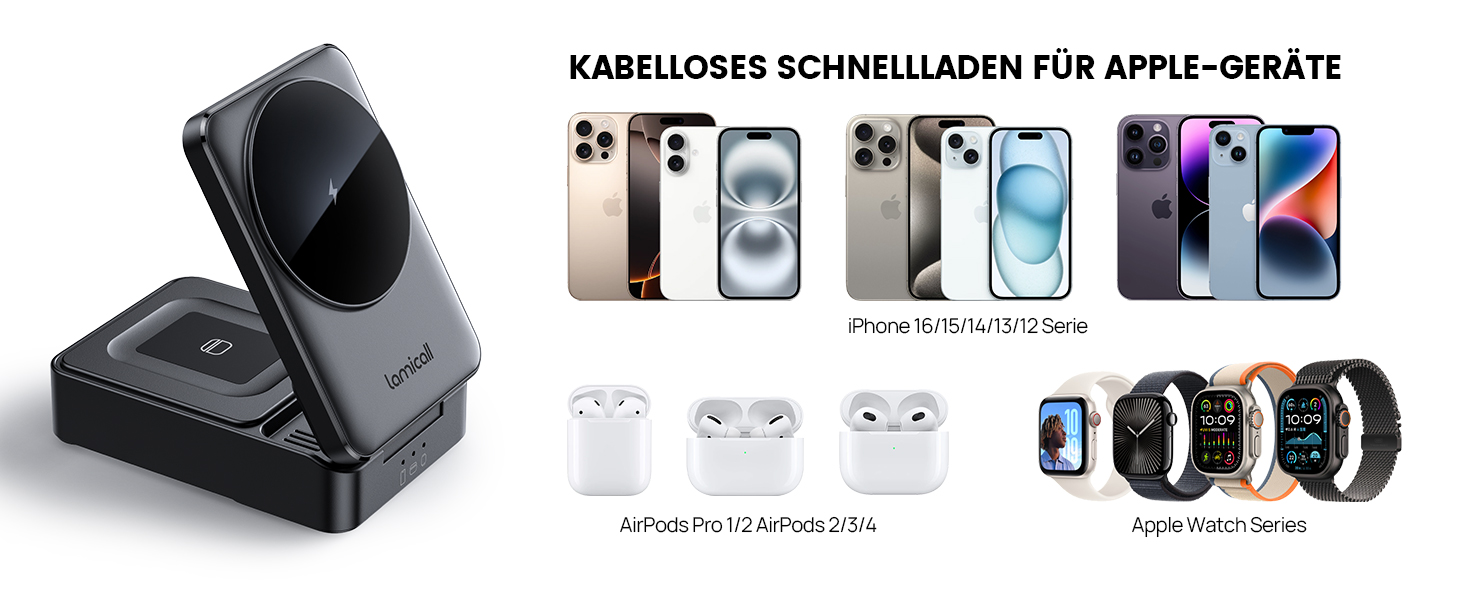 Зарядний станція Lamicall 3-в-1 для MagSafe: iPhone, Apple Watch, AirPods. Складана, портативна, бездротова. Сумісна з iPhone 17/16/15/14 Pro Max Plus Air.