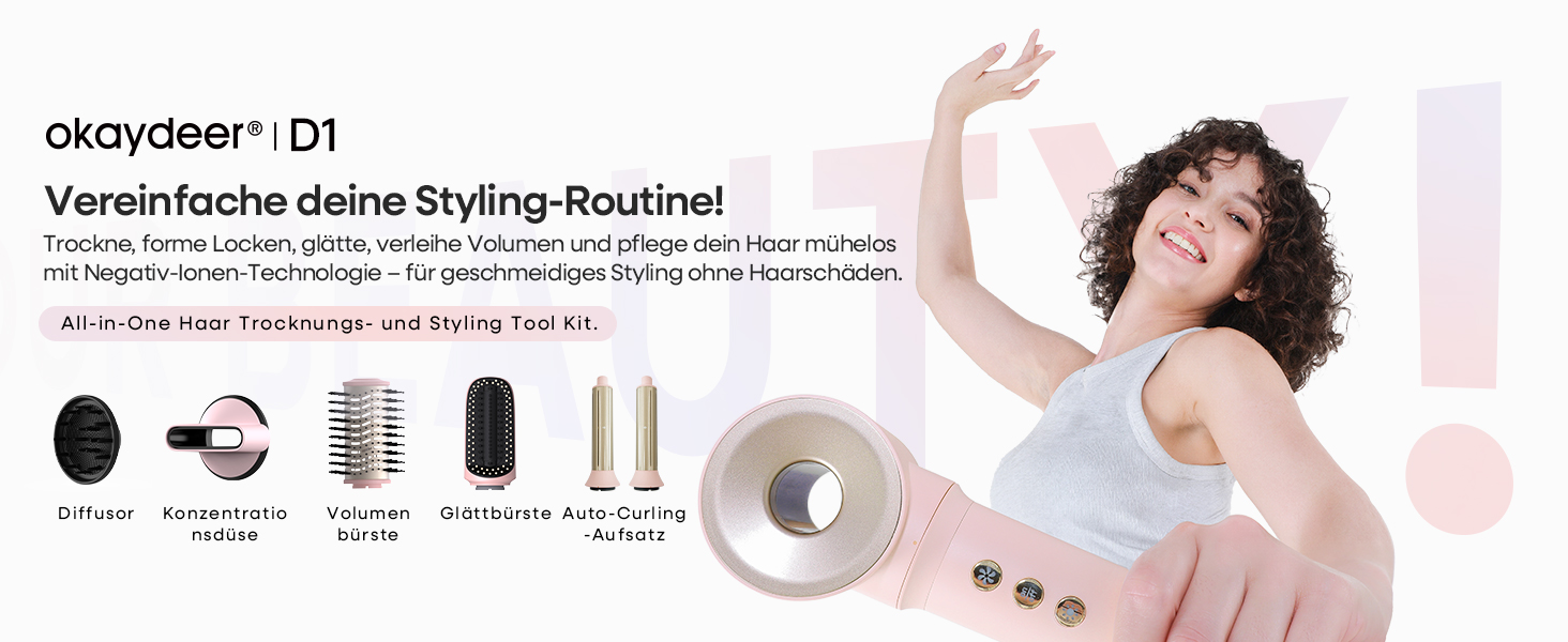 Аirstyler 7-в-1: Фен, плойка, брашинг, термощітка, автоматична завивка, іонізація, захист від пошкоджень, рожевий