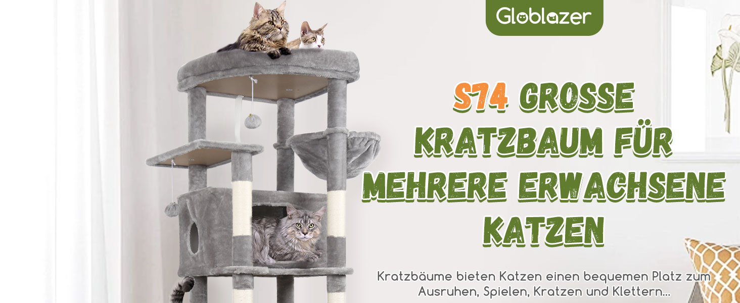 Драбина для котів Globlazer XXL, 188 см, з будиночком, платформами та кошиками. Стабільна, не перекидається, для великих котів, сірий