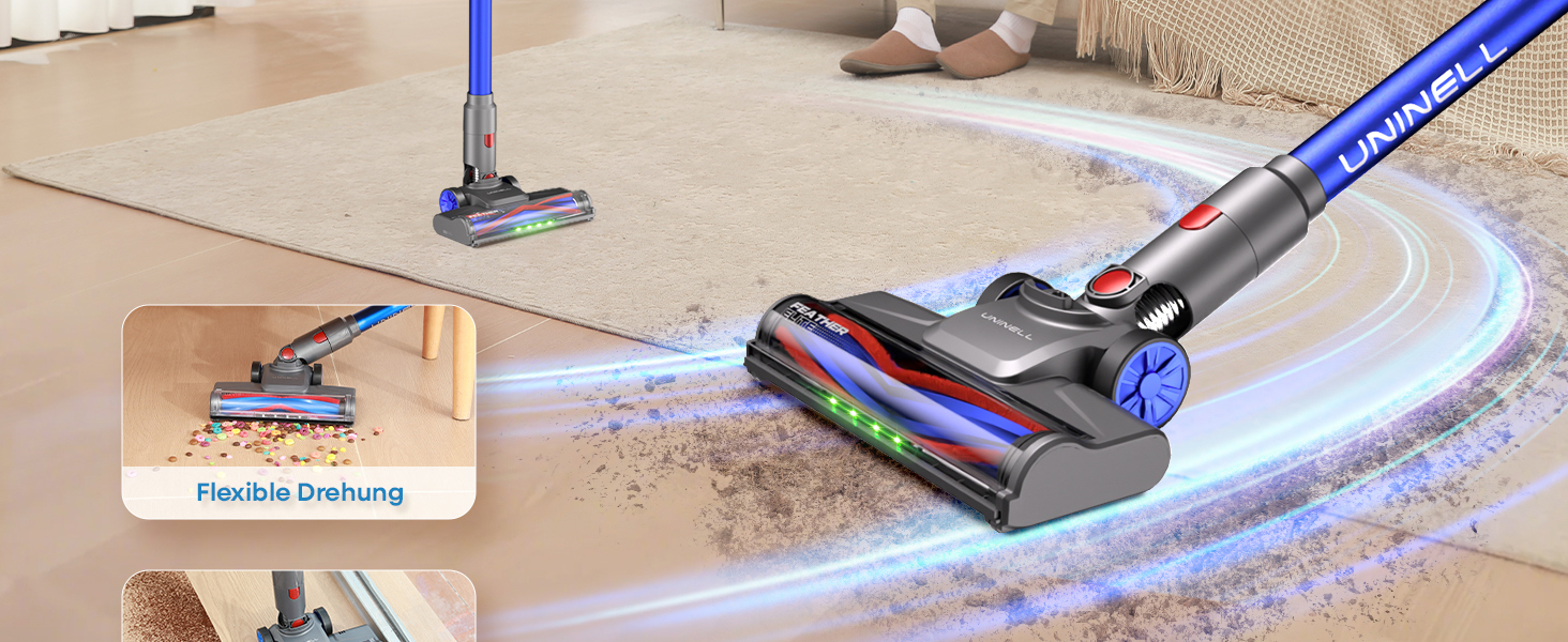 UNINELL HOME Бездротовий акумуляторний пилосос 45000Pa/450W/60Min з LED-дисплеєм, антизаплутана щітка, тихий, для килима, твердих поверхонь та шерсті тварин, блакитний