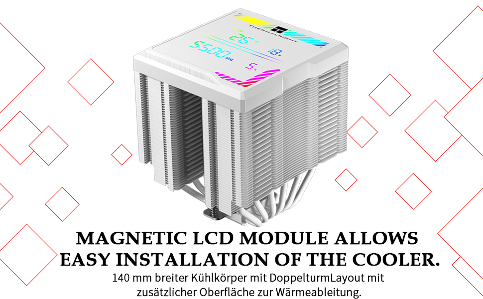 Кулер для процесора Thermalright Peerless Assassin 140 Digital White, двовежевий, 6 теплових трубок, 2 PWM вентилятори, з цифровим дисплеєм, для AM5, Intel LGA1851/1700, білий