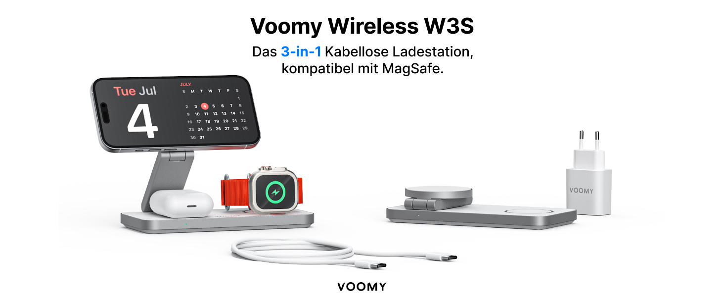Зарядний пристрій Voomy 3-в-1 з індукційною зарядкою, сумісний з MagSafe, для iPhone, AirPods та Apple Watch, 15W, складаний, з USB-C кабелем та адаптером (білий)