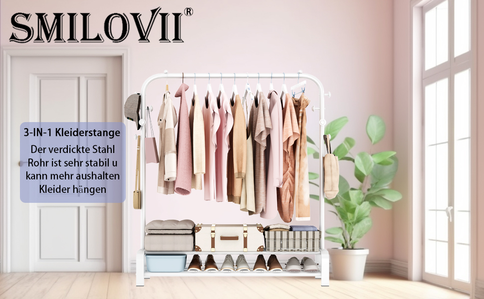 Clothes Rack, Coat Rack Stable Clothes Rod with 6 Hooks and 2 Shoe Shelf Storage Shelf, Bedroom Clothes Rack Freestanding Clothes Rail, (White)