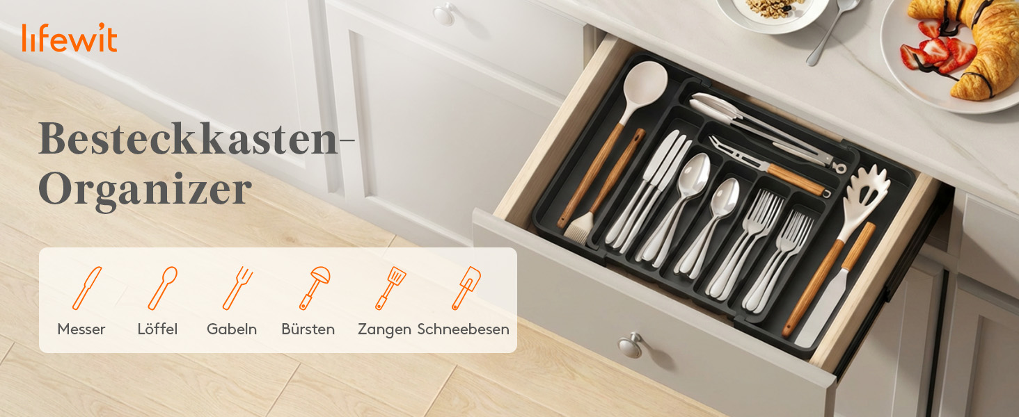 Органайзер для столових приборів Lifewit в шухляду, розсувний, 7-9 відділень, 35-48 см, чорний
