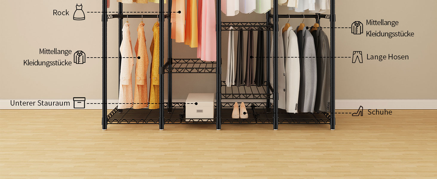 Відкритий шафа-система AQRA: зручний шафа-організатор з 9 полицями та 5 штангами для одягу, стійка для одягу з місткою конструкцією (193.5x43.5x195 см)