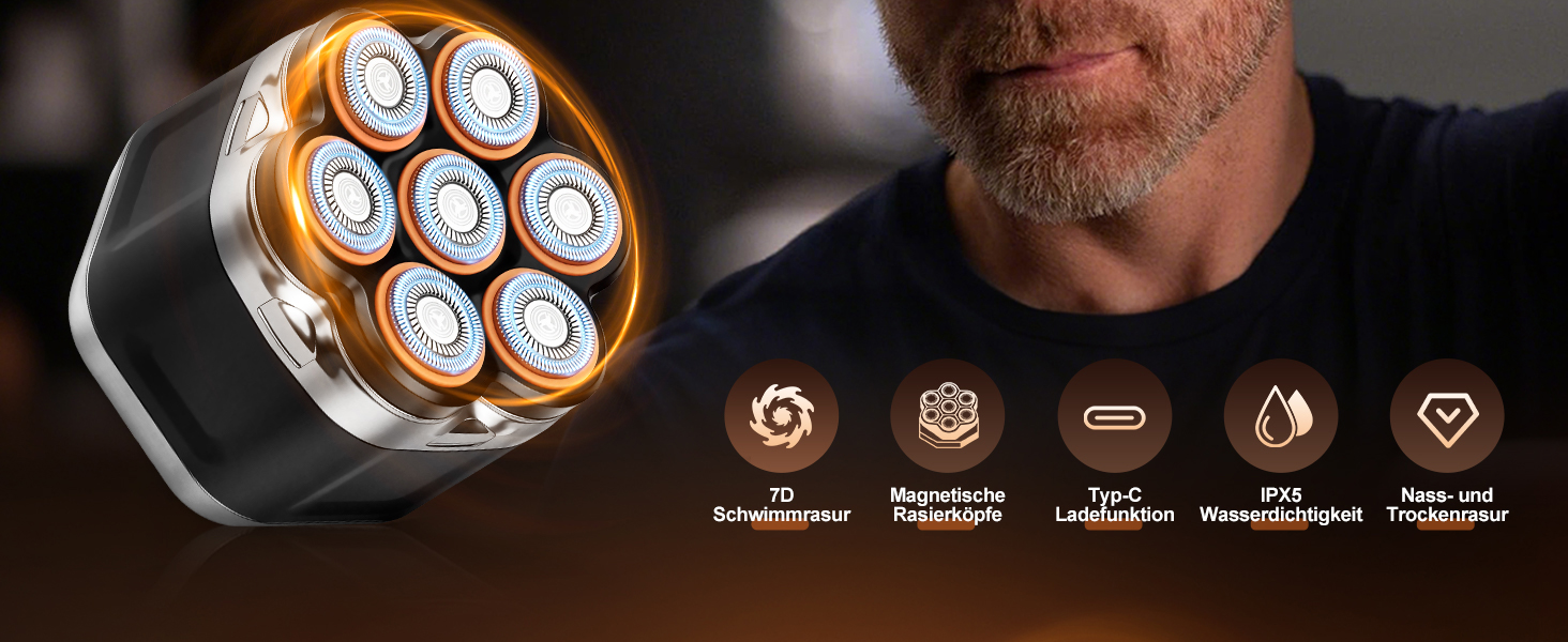 Електрична бритва для голови Glatzenrasierer Herren 7D з LED дисплеєм, водонепроникна (IPX5), чорна