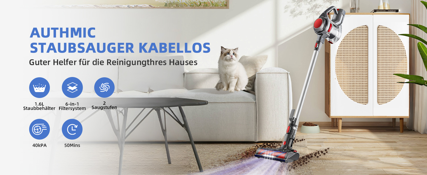 Бездротовий пилосос Authmic 40000Pa з акумулятором, час роботи до 50 хв, об'єм контейнера 1.6 л, HEPA фільтр x4, для килимів, твердих підлог та шерсті тварин