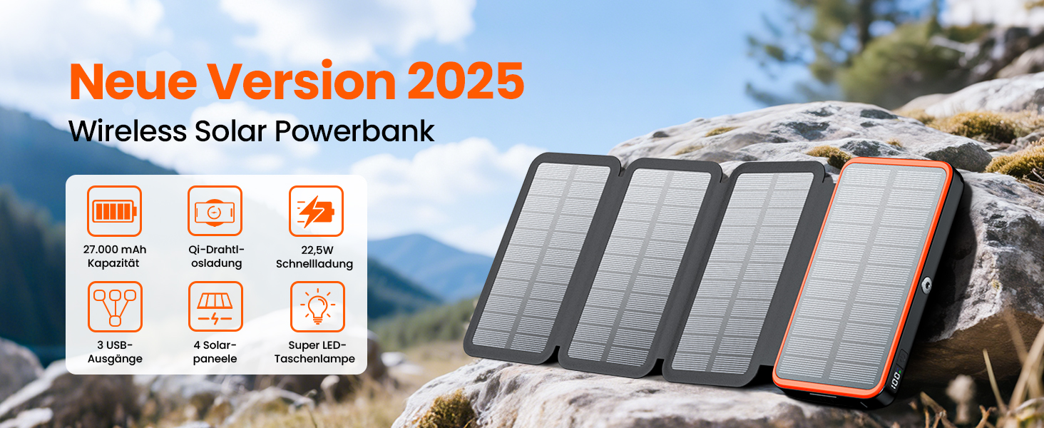 Power Bank FEELLE 27000mAh з сонячною панеллю та швидкою зарядкою 22.5W USB-C, PD 4.0, QC 3.0 для смартфонів та планшетів (Помаранчевий)