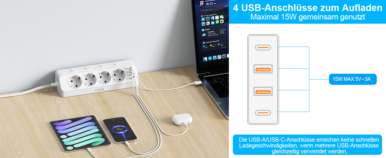 Мережевий адаптер PD 20W з плоским штеплером, розетка FDTEK на 4 слоти з індивідуальним вимикачем, 4000W, 16A, USB-C, розетка для столу з вимикачем, настільна розетка з кабелем 2м (білий)