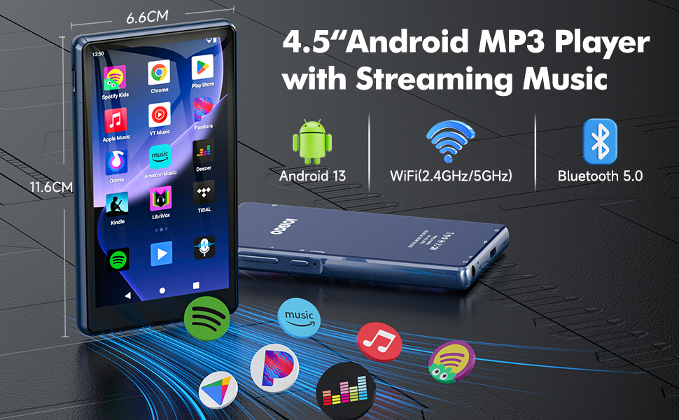 MP3 плеєр 163GB з WiFi, Bluetooth, Android 13, Spotify, FM радіо, сенсорний екран 4.5