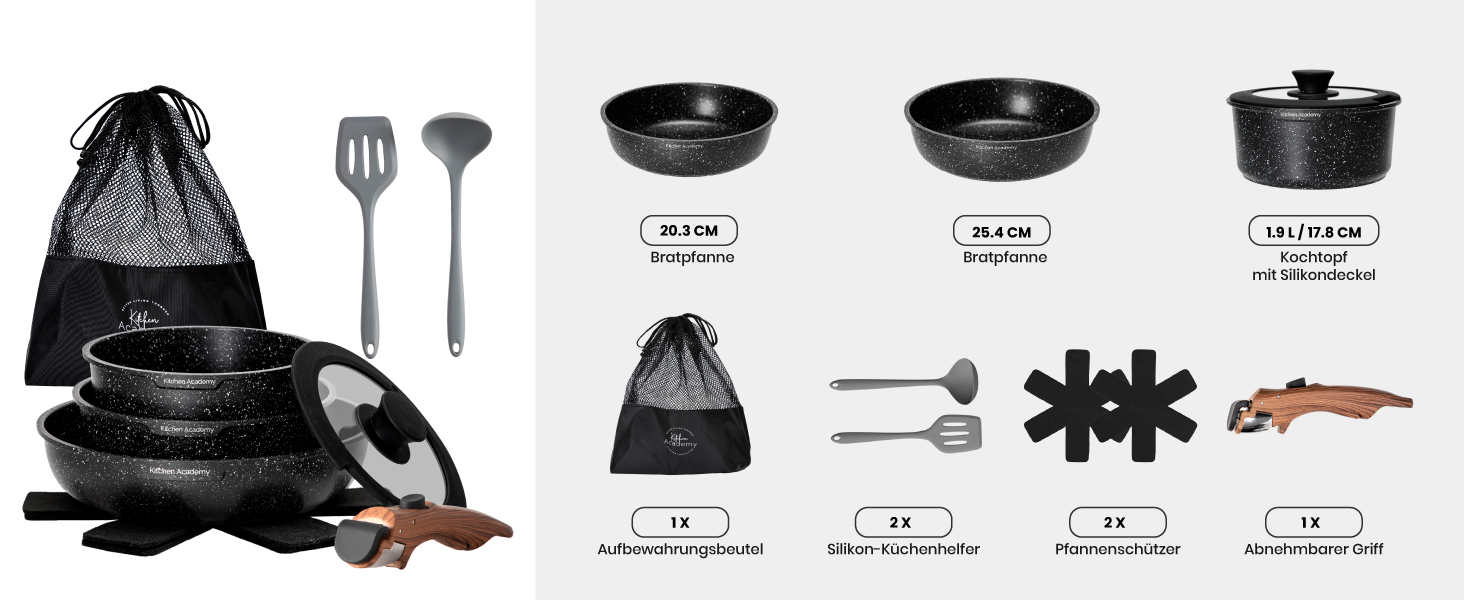 Набір посуду Dishdelight з антипригарним гранітним покриттям та знімними ручками, індукційний, з кришками (чорний)