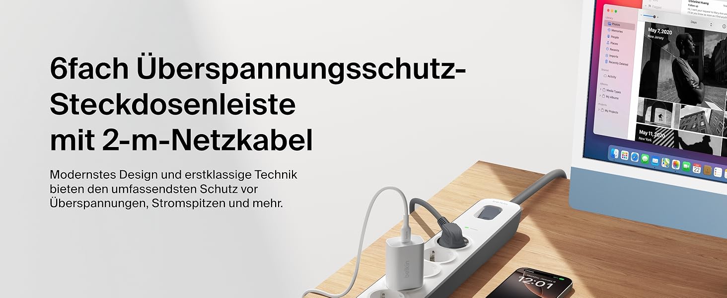 Захисна мережева стрічка Belkin 6-fach з USB, 6 розеток, 650 Дж, 2 м, для дому та офісу