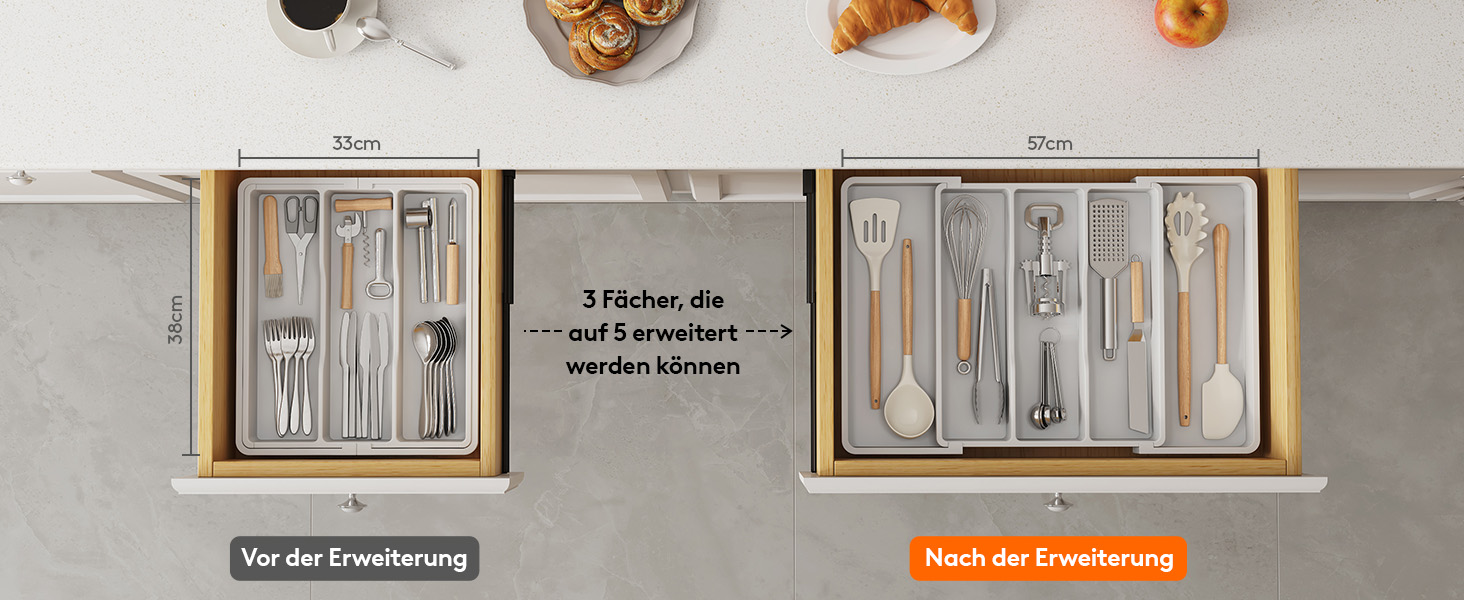 Органайзер для столових приборів Lifewit розсувний для шухляди, 33-57 x 38 x 5 см, білий. Підставка для ножів та виделок, пластик.