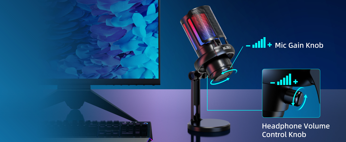 Мікрофон для ПК NJSJ Gaming RGB, для стрімінгу та запису, USB, сумісний з PS4/PS5/Mac, з регулятором гучності, чорний