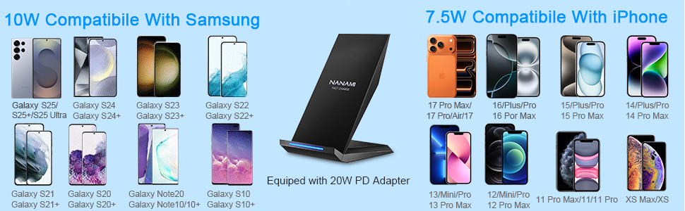 Бездротовий зарядний пристрій NANAMI Qi з адаптером USB-C 20W PD, сумісний з iPhone 17/16/15/14/13/12 Pro Max XR 8 та Samsung Galaxy S25/S24/S23/S22, чорний