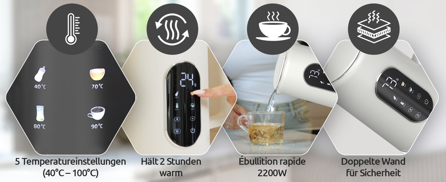 Електричний чайник Olvy 1.7L з регулюванням температури – Швидкий, з нержавіючої сталі, 2200W, з функцією підтримання тепла, подвійні стінки (Білий)