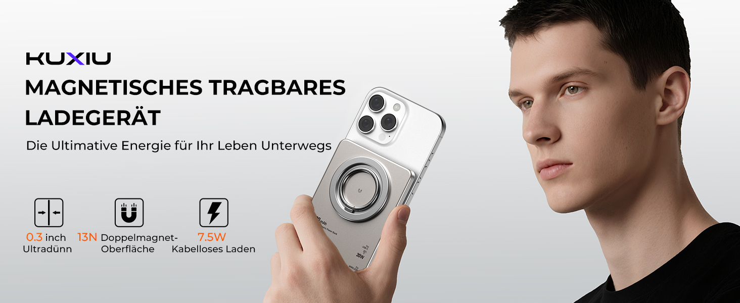 Power Bank KU XIU Magsafe 5000mAh: Тонкий, з підтримкою MagSafe, з кільцем для кріплення, PD 20W, для iPhone 17/16/15/14/13/12 (Титан)