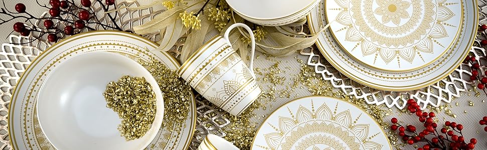 CreaTable MANDALA GOLD: Набір посуду з 16 частин, кераміка, чорний/золотий, для дому та ресторану