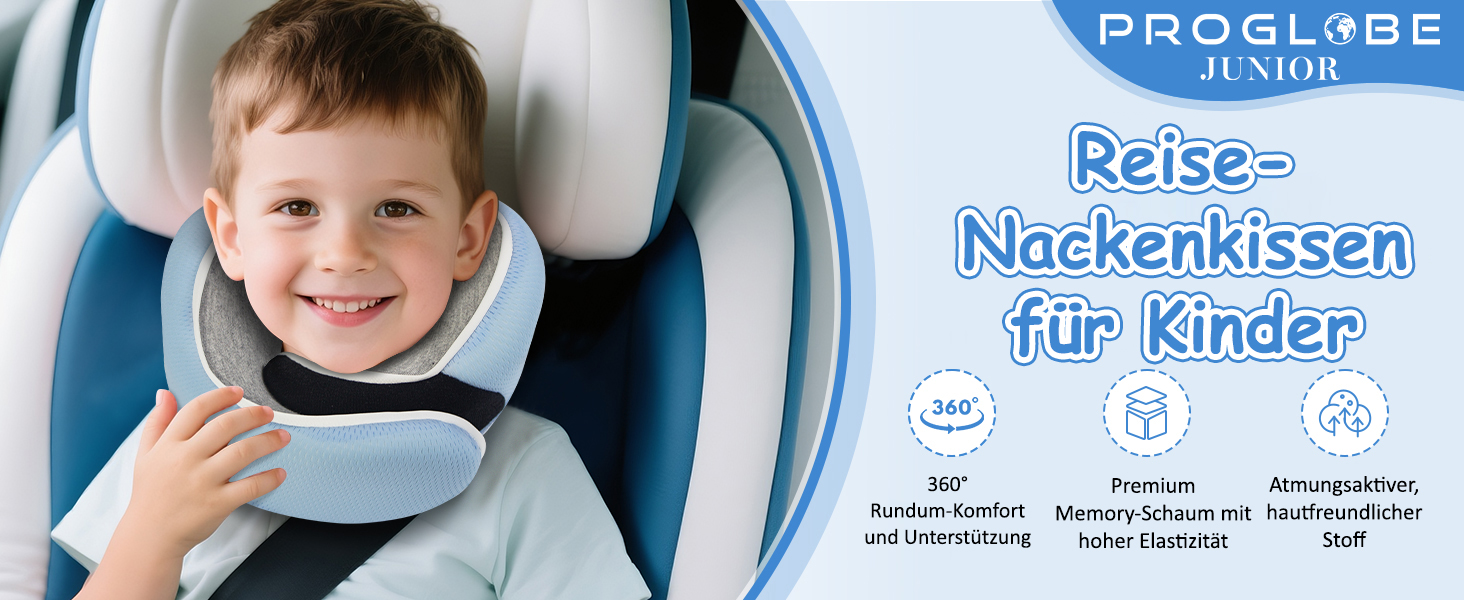 Подушка для шиї Proglobe, 100% Memory Foam, ортопедична, для подорожей (літак, авто, поїзд), з 3D-маскою для сну, сітчаста сумка (світло-блакитна)
