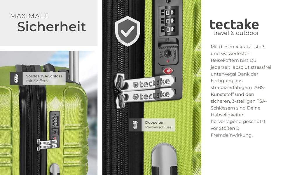 Набір валіз Tectake® 4 шт. з TSA замком, жорсткий корпус, набір ролерів, ABS, 4 колеса, 360°, телескопічна ручка - зелений