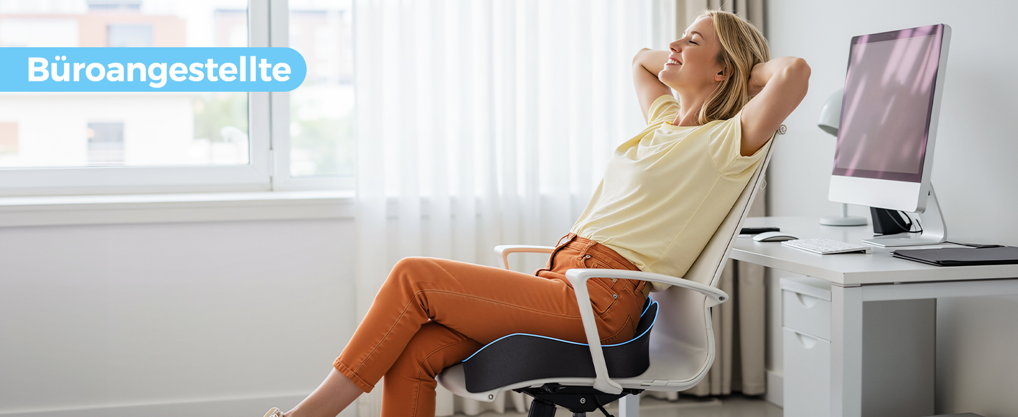 Подушка для сидіння POOTACK з memory foam - для офісного крісла, автосидіння та дому, м'яка підтримка спини, дихаючий чохол, блакитно-чорний