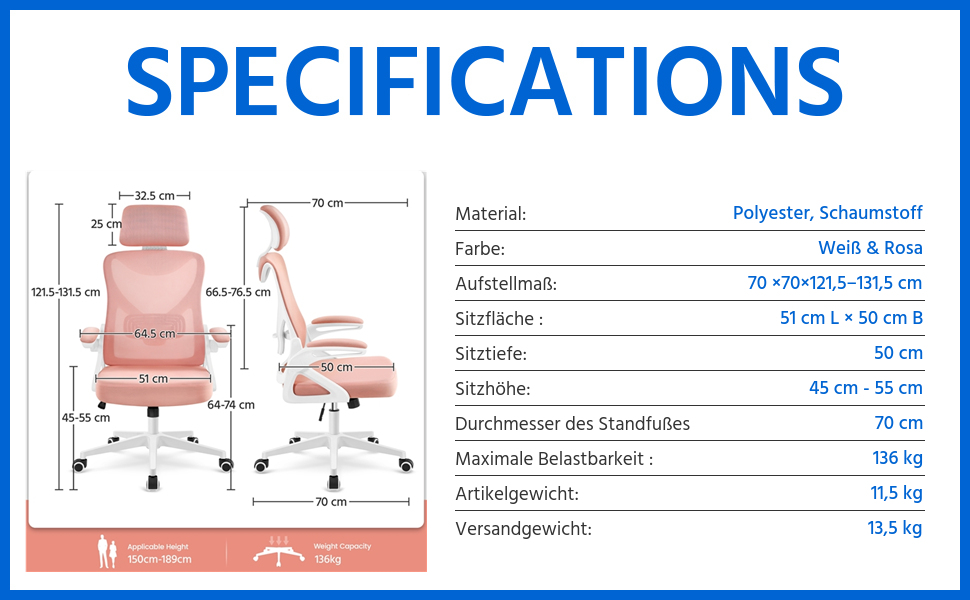 Крісло офісне Yaheetech ергономічне, з підйомними підлокітниками, регульованою підголівником, функцією гойдання, до 136 кг, білий/рожевий