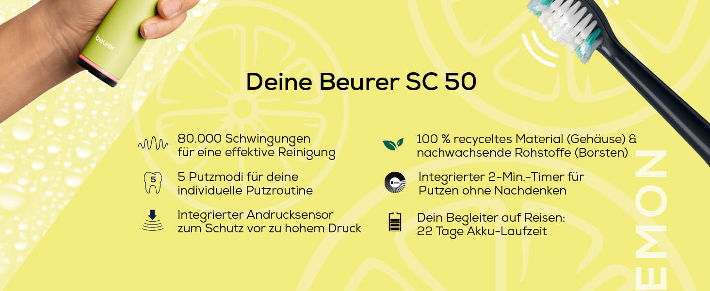 Beurer SC 50 Електрична звукова зубна щітка з 5 режимами чищення, датчиком тиску та дисплеєм (Splashy Lemon)