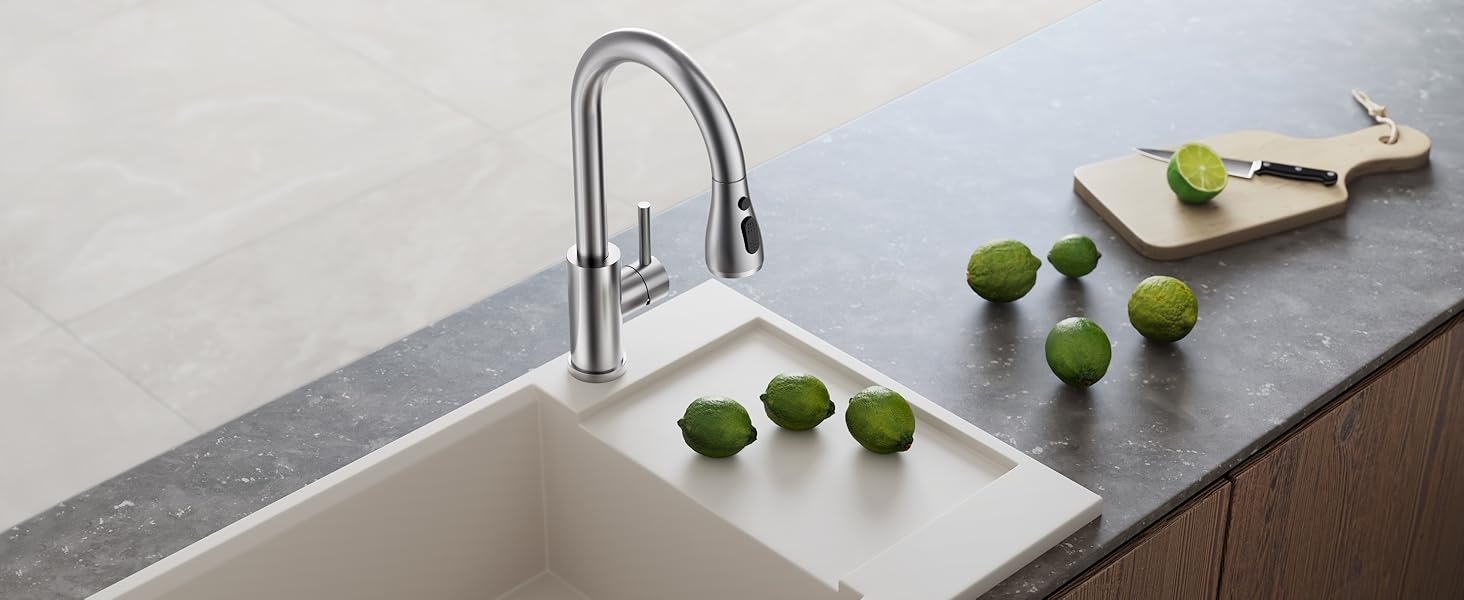 Змішувач для кухні FORIOUS з висувною лійкою, 360° обертання, 2 режими, нержавіюча сталь