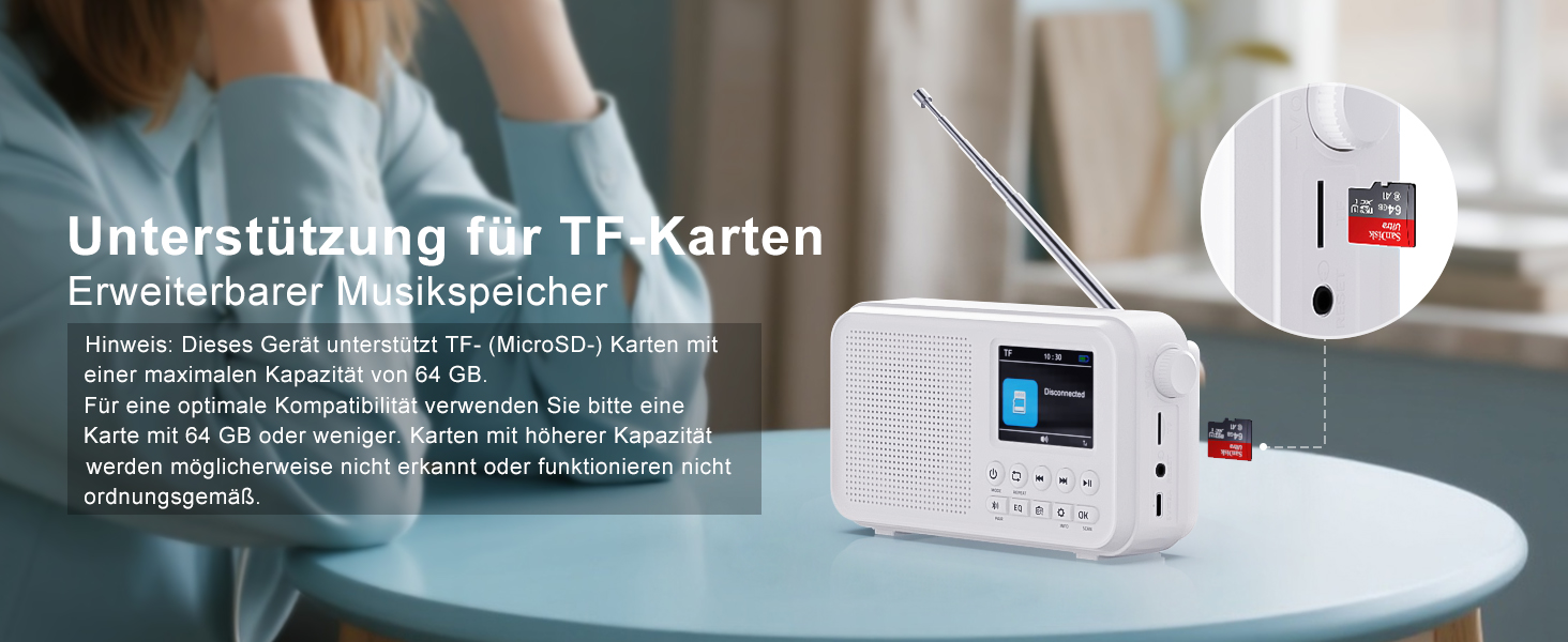 Портативне DAB/DAB+ радіо з Bluetooth 5.0, FM, акумулятором 3000mAh, будильник, еквалайзер, підтримка TF-карт, 2.4