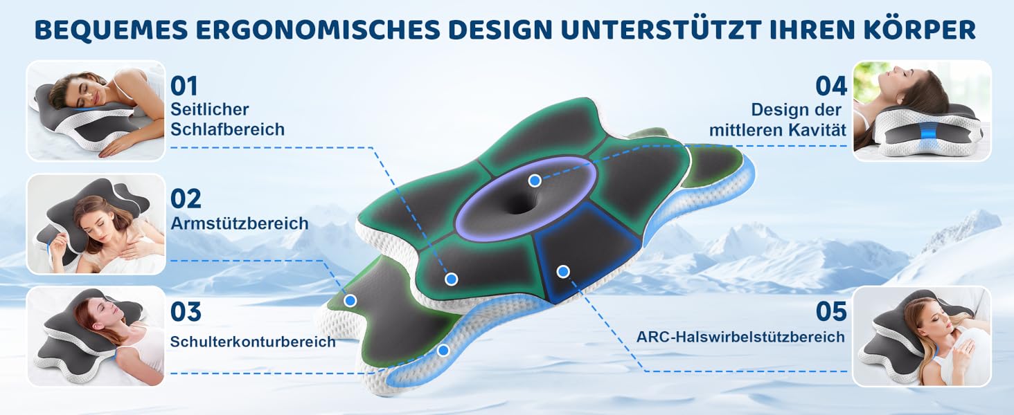 Подушка з піною з пам'яті YunNasi: ергономічна, ортопедична, для сну на боці, спині та животі, з кульковою тканиною, яку можна прати