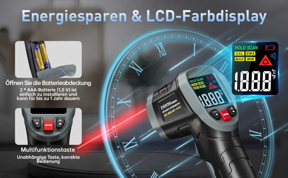 Інфрачервоний термометр Eventek -50°C до 600°C з лазером, регульована випромінювальна здатність, цифровий, LCD дисплей. Для гриля, піци, кухні, промисловості (чорний з аксесуарами 3 в 1)