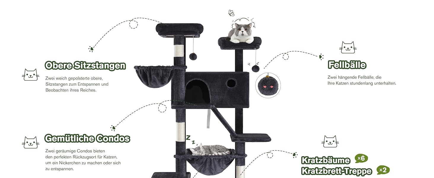 Кігтеточка MUTICOR велика, 206 см, багатоповерхова, велике будиночок для котів/кігтеточка для квартирних котів, плюшеві лежанки, гамак-корзина, широка база (темно-сірий)