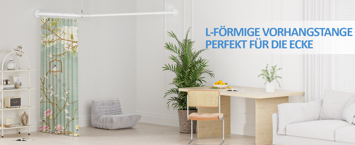 Регульована штанга для душу L-подібної форми, 60-134 см, з кріпленням для завіси та підставкою для стелі, для ванни/ванної кімнати, білий, монтаж вимагає свердління